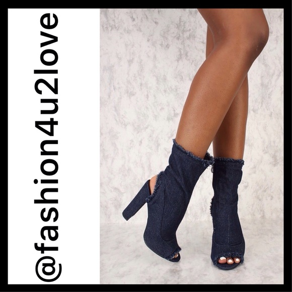 Forever Shoes Shoes - Dark Blue Distressed Denim Chunky Heel Booties